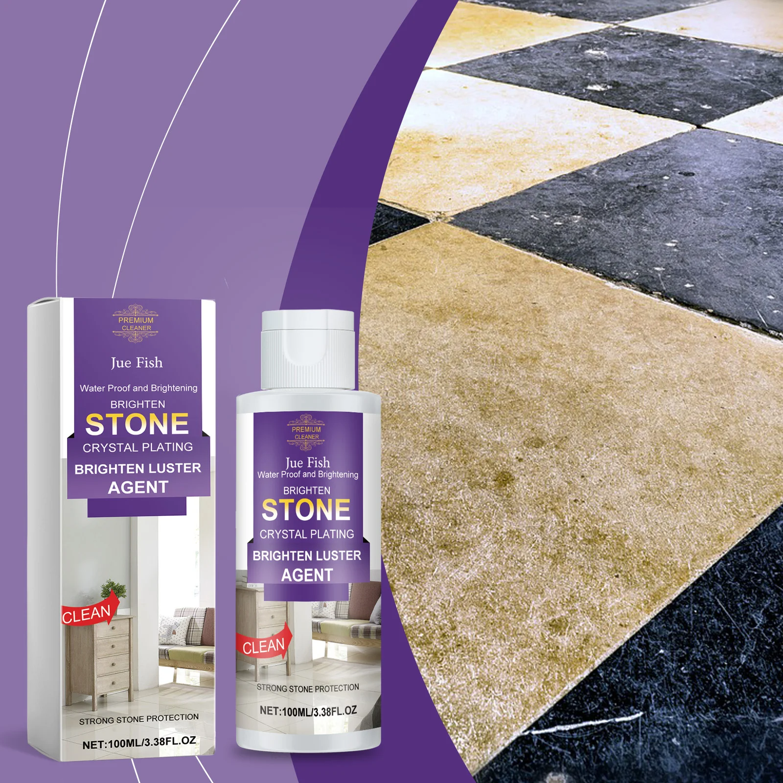 My Bathroom Tiles Were Sad. Then I Tried This "Magic" Bottle. 1 Jue Fish Tile and Stone Cleaner bottle standing on a bright, shiny tile floor